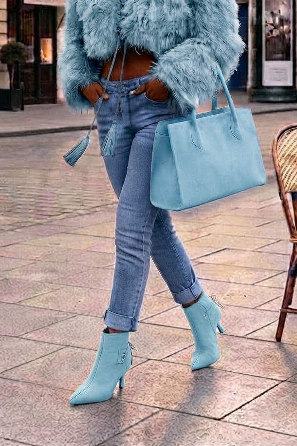 Women's sky blue back lace-up ankle boots with pointed toe and high slim heel - Worn view